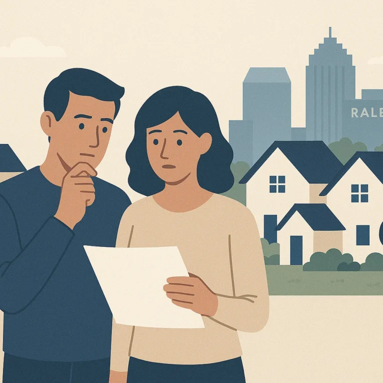 Illustration of homebuyers in Raleigh NC reviewing a potential real estate offer with Raleigh skyline and suburban homes in the background, representing the decision-making process of buying a home in the competitive Triangle housing market.