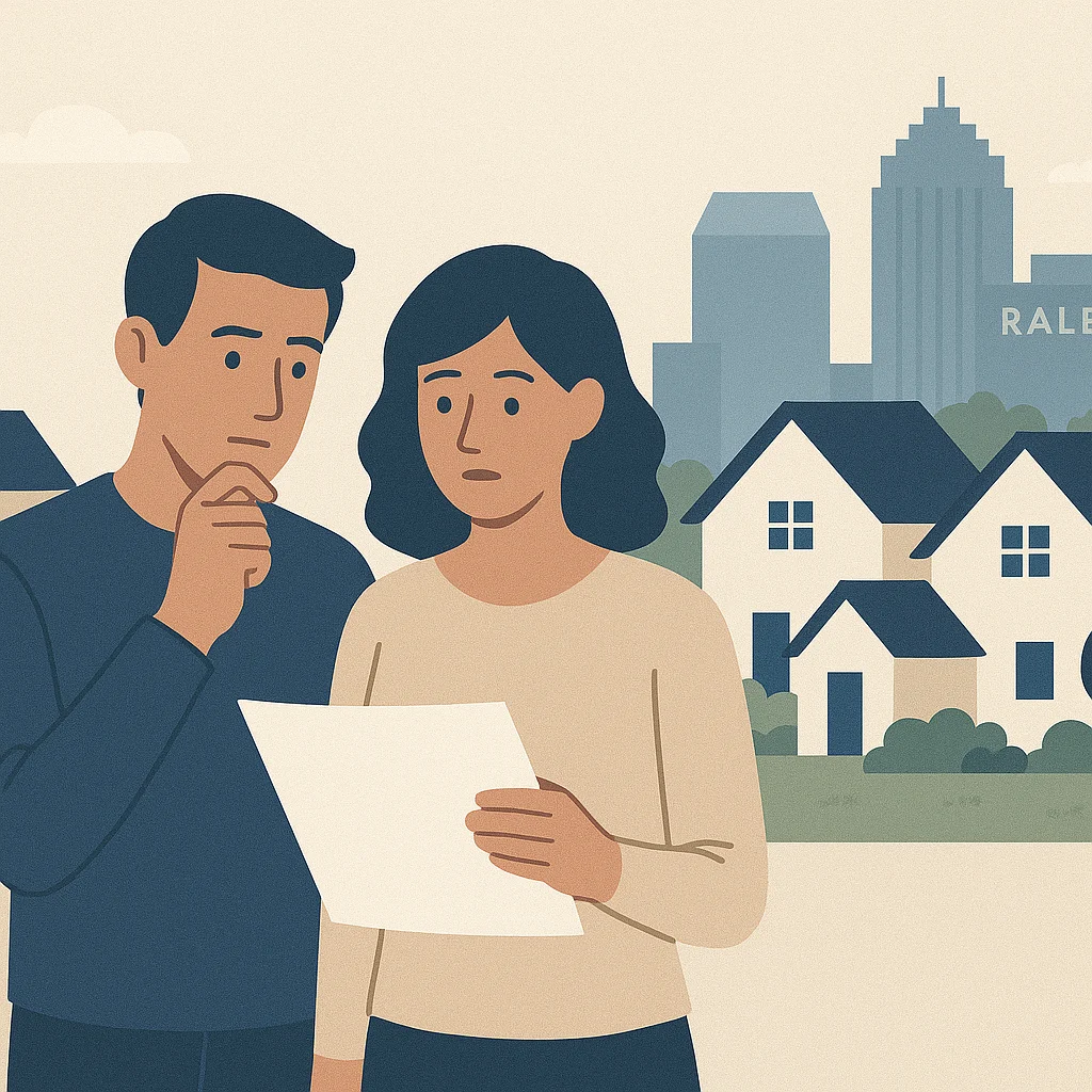 Illustration of homebuyers in Raleigh NC reviewing a potential real estate offer with Raleigh skyline and suburban homes in the background, representing the decision-making process of buying a home in the competitive Triangle housing market.