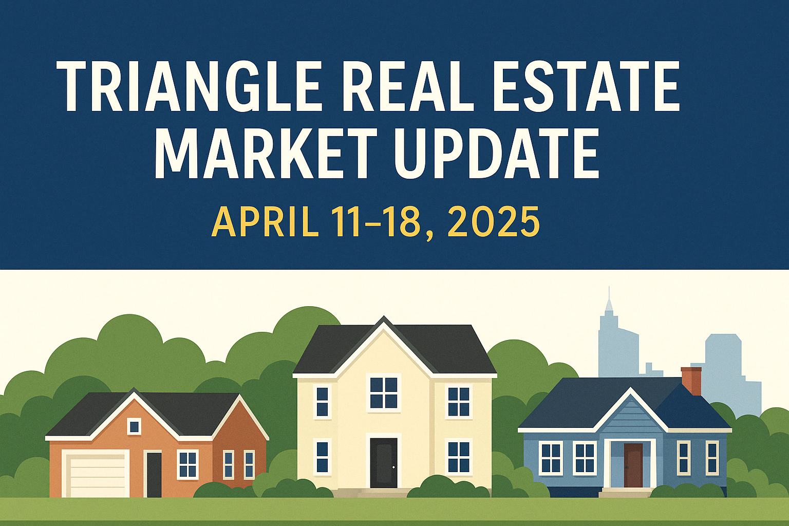 Triangle NC real estate market update graphic for April 11–18, 2025 featuring suburban homes, Raleigh skyline, and housing trends banner — designed for Raleigh, Durham, Chapel Hill home buyers and sellers.