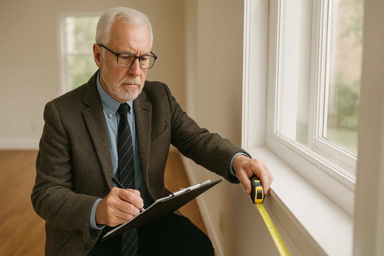 A professional appraiser with gray hair and a beard measures the interior of a bright, neutral-toned room using a yellow tape measure. Dressed in a brown blazer and blue shirt with a tie, he takes notes on a clipboard, surrounded by natural light and hardwood floors.