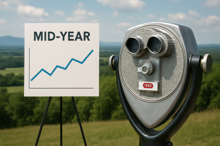 A scenic outdoor image featuring a coin-operated binocular viewer overlooking a lush, green valley with distant mountains under a partly cloudy sky. Positioned beside the viewer is a presentation easel displaying a line graph with upward movement, symbolizing a mid-year housing market forecast or financial outlook. The scene represents perspective, observation, and economic trends without showing any people or text on the graph.