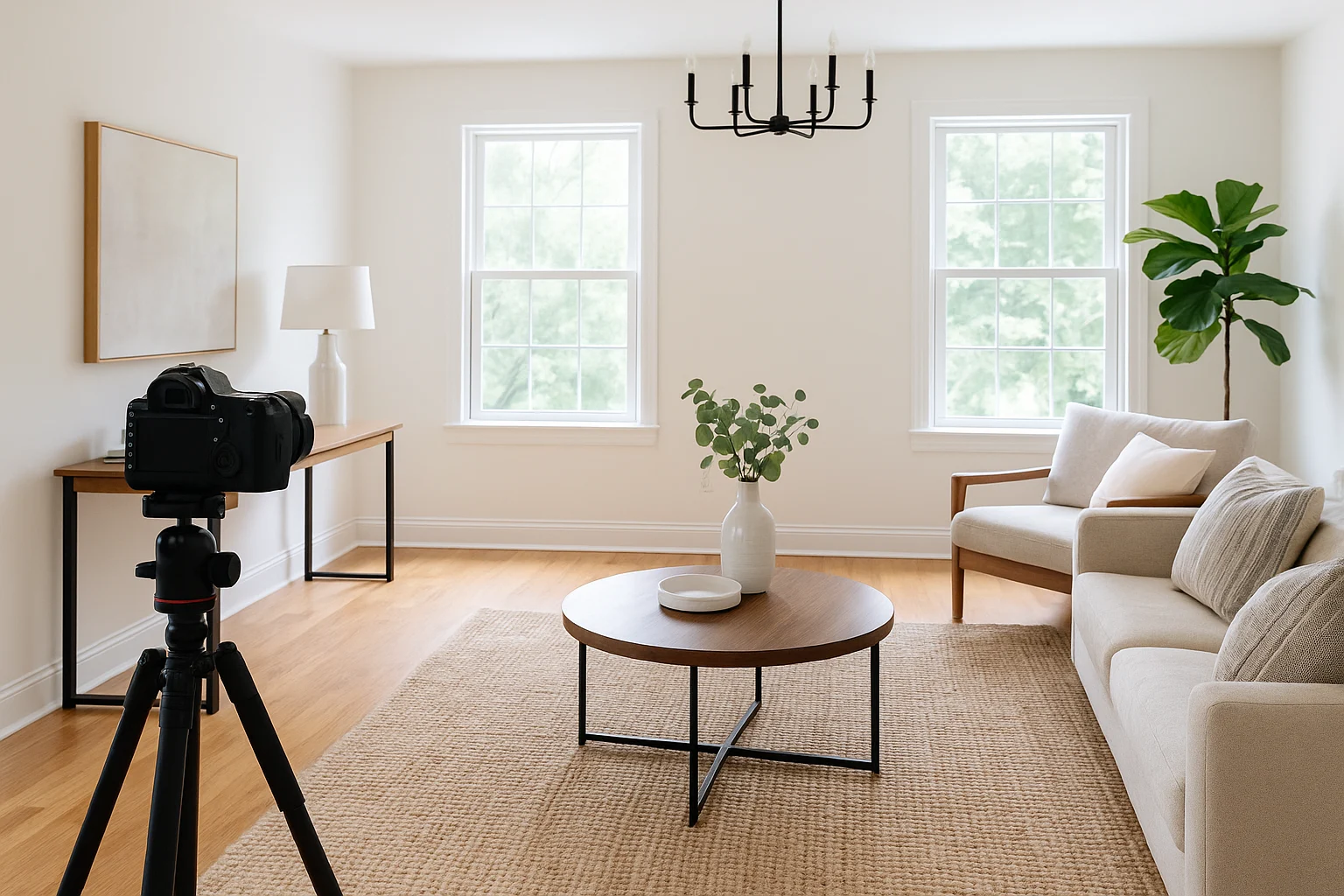 A professionally staged, sunlit living room prepared for real estate photography, featuring a beige sofa, wood accents, a tripod-mounted camera, and minimal décor—capturing the importance of screen appeal when selling a home in Raleigh, NC.