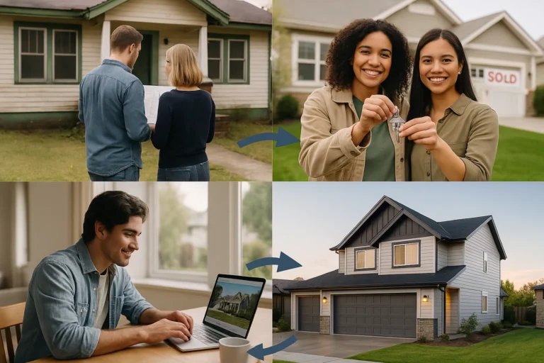 A realistic composite image showing four creative paths to homeownership. Top left: a couple reviewing blueprints outside a fixer-upper. Top right: two smiling women holding a key in front of a home with a “Sold” sign. Bottom left: a man researching homes on a laptop. Bottom right: a modern suburban home at sunset. Blue arrows connect each scene to illustrate different strategies.A realistic composite image showing four creative paths to homeownership. Top left: a couple reviewing blueprints outside a fixer-upper. Top right: two smiling women holding a key in front of a home with a “Sold” sign. Bottom left: a man researching homes on a laptop. Bottom right: a modern suburban home at sunset. Blue arrows connect each scene to illustrate different strategies.A realistic composite image showing four creative paths to homeownership. Top left: a couple reviewing blueprints outside a fixer-upper. Top right: two smiling women holding a key in front of a home with a “Sold” sign. Bottom left: a man researching homes on a laptop. Bottom right: a modern suburban home at sunset. Blue arrows connect each scene to illustrate different strategies.A realistic composite image showing four creative paths to homeownership. Top left: a couple reviewing blueprints outside a fixer-upper. Top right: two smiling women holding a key in front of a home with a “Sold” sign. Bottom left: a man researching homes on a laptop. Bottom right: a modern suburban home at sunset. Blue arrows connect each scene to illustrate different strategies.A realistic composite image showing four creative paths to homeownership. Top left: a couple reviewing blueprints outside a fixer-upper. Top right: two smiling women holding a key in front of a home with a “Sold” sign. Bottom left: a man researching homes on a laptop. Bottom right: a modern suburban home at sunset. Blue arrows connect each scene to illustrate different strategies.