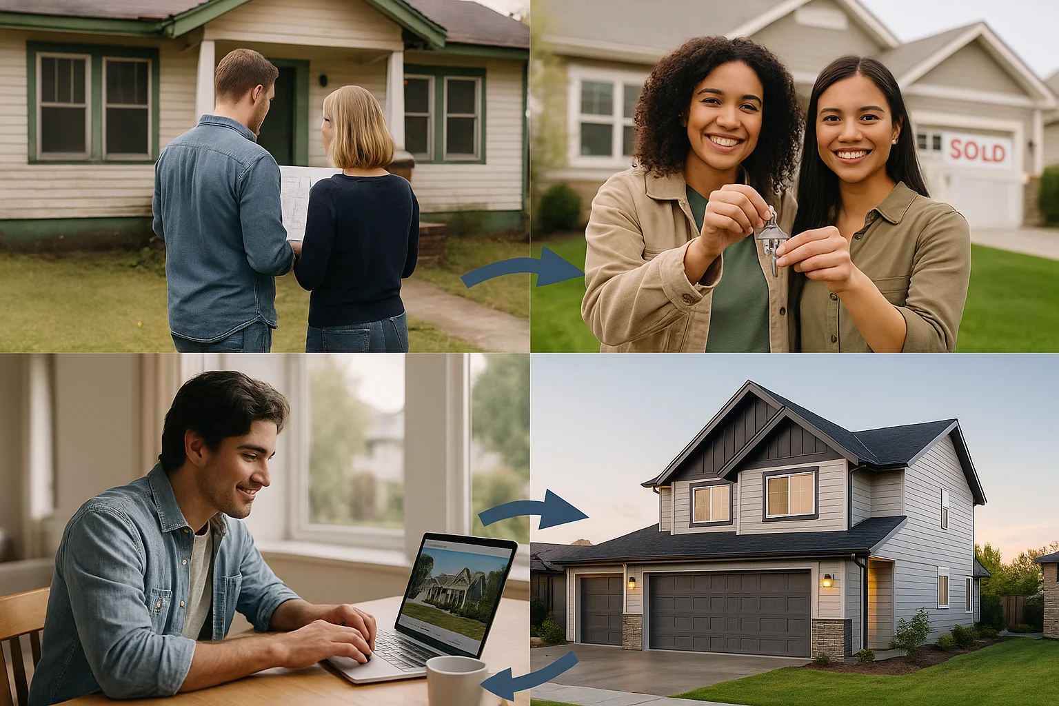 A realistic composite image showing four creative paths to homeownership. Top left: a couple reviewing blueprints outside a fixer-upper. Top right: two smiling women holding a key in front of a home with a “Sold” sign. Bottom left: a man researching homes on a laptop. Bottom right: a modern suburban home at sunset. Blue arrows connect each scene to illustrate different strategies.A realistic composite image showing four creative paths to homeownership. Top left: a couple reviewing blueprints outside a fixer-upper. Top right: two smiling women holding a key in front of a home with a “Sold” sign. Bottom left: a man researching homes on a laptop. Bottom right: a modern suburban home at sunset. Blue arrows connect each scene to illustrate different strategies.A realistic composite image showing four creative paths to homeownership. Top left: a couple reviewing blueprints outside a fixer-upper. Top right: two smiling women holding a key in front of a home with a “Sold” sign. Bottom left: a man researching homes on a laptop. Bottom right: a modern suburban home at sunset. Blue arrows connect each scene to illustrate different strategies.A realistic composite image showing four creative paths to homeownership. Top left: a couple reviewing blueprints outside a fixer-upper. Top right: two smiling women holding a key in front of a home with a “Sold” sign. Bottom left: a man researching homes on a laptop. Bottom right: a modern suburban home at sunset. Blue arrows connect each scene to illustrate different strategies.A realistic composite image showing four creative paths to homeownership. Top left: a couple reviewing blueprints outside a fixer-upper. Top right: two smiling women holding a key in front of a home with a “Sold” sign. Bottom left: a man researching homes on a laptop. Bottom right: a modern suburban home at sunset. Blue arrows connect each scene to illustrate different strategies.