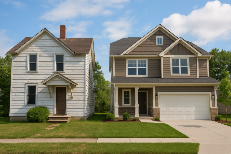 Side-by-side comparison of two suburban homes: on the left, an older, weathered two-story house with dated siding, and on the right, a modern new construction home with fresh paint, clean lines, and manicured landscaping under a bright blue sky.