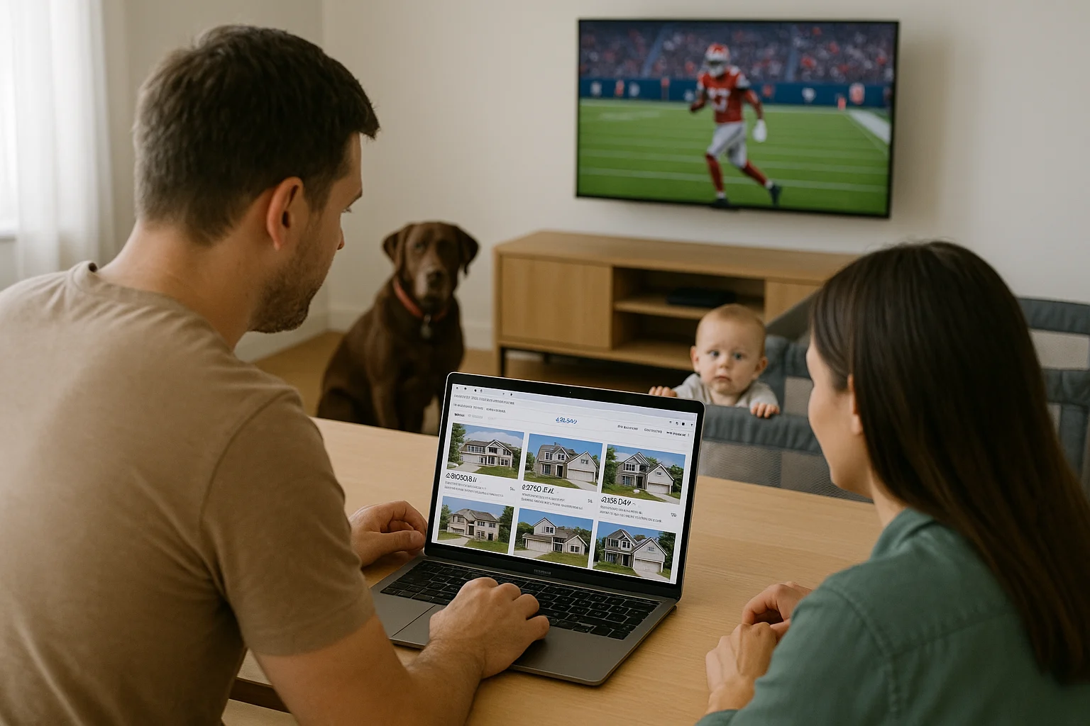 View from behind a young couple in their mid 30s sitting at a dining table in a modern apartment, browsing single-family homes on Zillow on a MacBook. In the foreground, a baby is in a pack-n-play, a brown Labrador sits nearby, and a football game plays on a flat screen TV mounted on the wall.