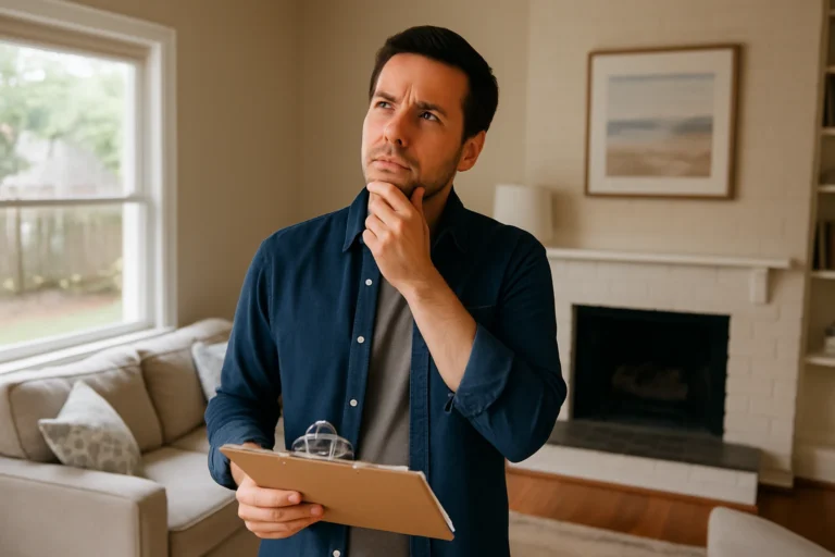 A man in his 30s stands thoughtfully in a bright, neutral-toned living room holding a clipboard, evaluating the space as if imagining updates before buying or selling. The room has beige walls, a sofa, natural light, and a white brick fireplace.