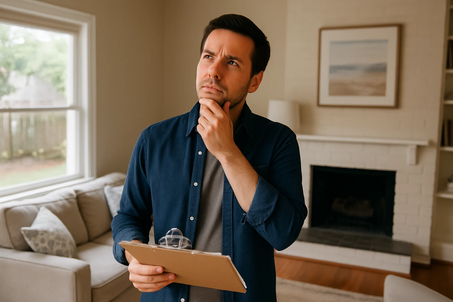 A man in his 30s stands thoughtfully in a bright, neutral-toned living room holding a clipboard, evaluating the space as if imagining updates before buying or selling. The room has beige walls, a sofa, natural light, and a white brick fireplace.