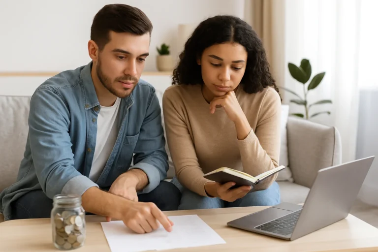 A young couple sits together at a coffee table reviewing finances in their cozy living room. They have a laptop, notebook, and jar of coins in front of them, symbolizing saving for a down payment on their first home.