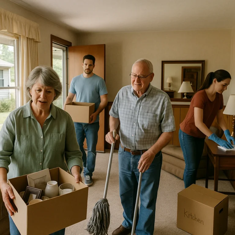 An older couple and their adult children work together in a cozy 1970s ranch-style living room, packing boxes and cleaning as they prepare the home for sale. The space is warm and well-kept with vintage touches and natural light.