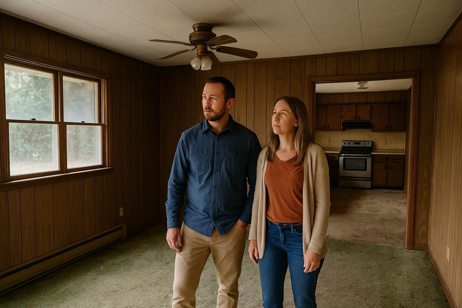A couple in their 30s stands in a dated 1970s-style living room with wood paneling and green carpet, thoughtfully assessing the space for renovation potential while natural light fills the room.