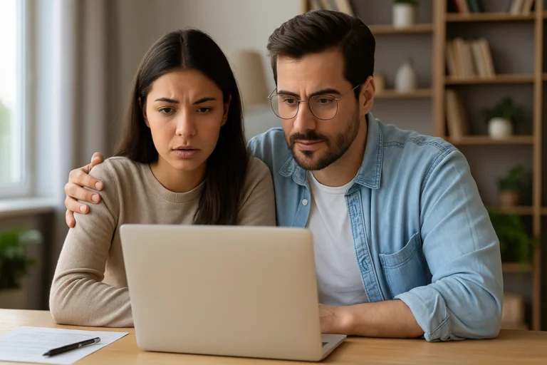 A young couple sits closely together at a kitchen table, looking at a laptop screen with focused expressions as they research real estate myths and facts online. Warm natural light fills the modern room, with a blurred background of bookshelves and houseplants.