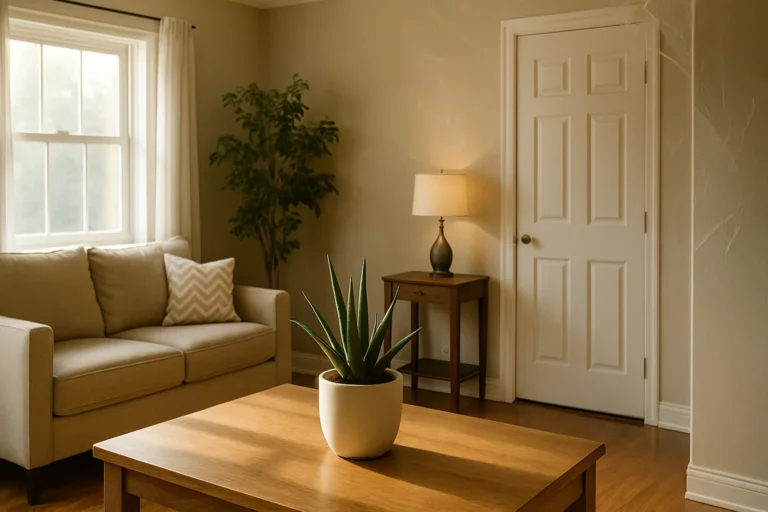Bright, clean, well-maintained living room filled with natural light featuring a beige sofa, hardwood floors, a neatly staged side table and lamp, and a potted plant on a wooden coffee table, representing a move-in ready home that appeals to buyers in the Triangle NC real estate market.