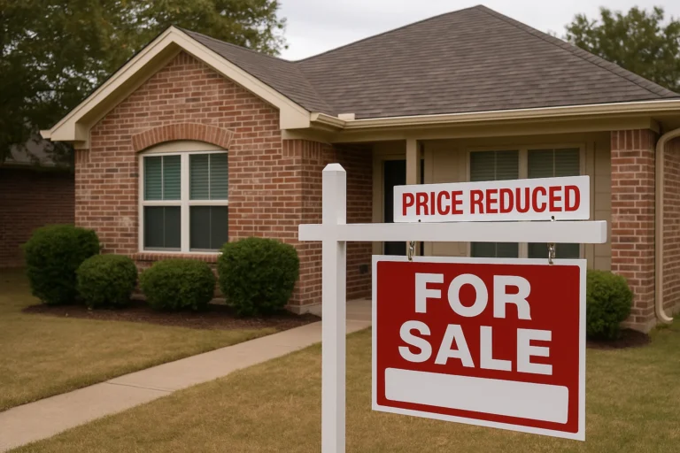 A realistic photo of a brick home with a For Sale sign in the front yard and a Price Reduced rider on top of the sign, representing an overpriced listing that has been sitting too long on the market and signaling seller frustration in the Triangle NC real estate market.