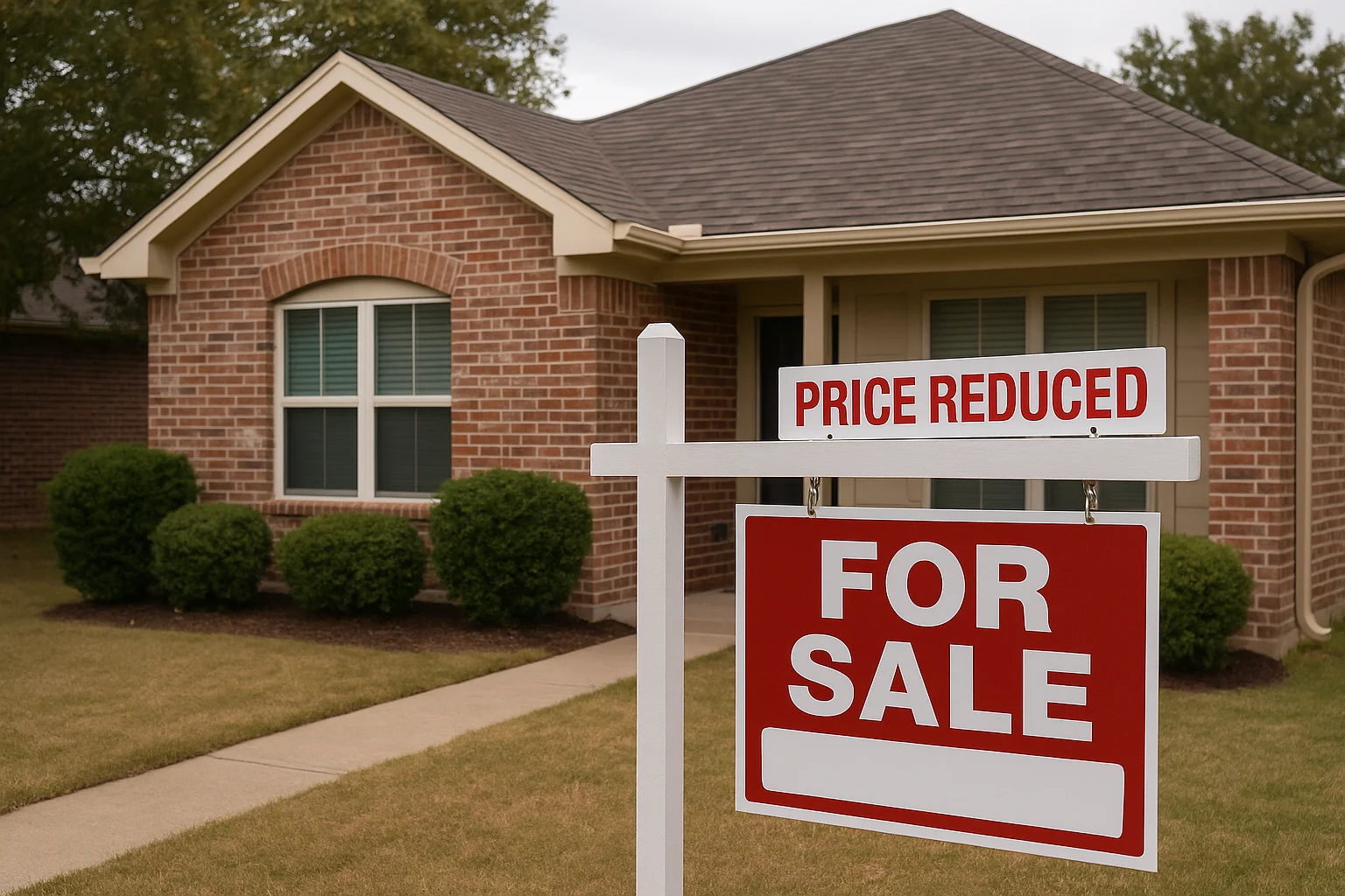 A realistic photo of a brick home with a For Sale sign in the front yard and a Price Reduced rider on top of the sign, representing an overpriced listing that has been sitting too long on the market and signaling seller frustration in the Triangle NC real estate market.