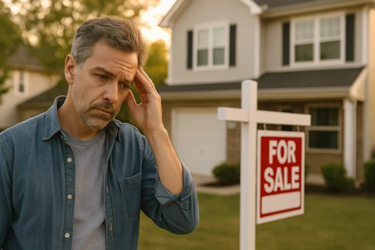 A middle-aged man stands outside a suburban home with a For Sale sign in the yard, holding his head in frustration as he struggles to sell the property, capturing the stress and emotional weight many home sellers feel when their listing sits too long on the market.