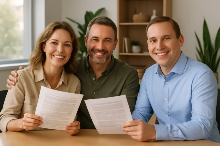 A happy young couple celebrates with after getting their home under contract, smiling and cheering around a table with a SOLD document, representing a successful home sale experience. Brandon Yopp is a trusted agent in the Raleigh, Durham, and Chapel Hill housing market.