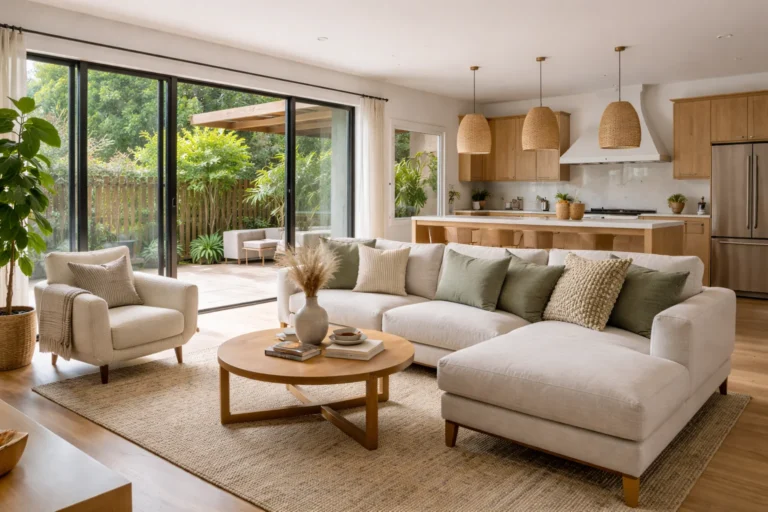 Bright, modern open-concept living room with natural light, indoor-outdoor flow, neutral finishes, and energy-efficient design features, reflecting home design trends buyers prefer in Raleigh, Durham, Chapel Hill, Cary, and surrounding North Carolina communities.