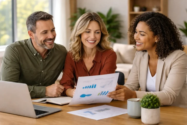 A real estate agent meets with a couple at a kitchen table reviewing housing market data and documents, representing a trusted home buying and selling consultation in Raleigh, Durham, Chapel Hill, Cary, and surrounding North Carolina communities.