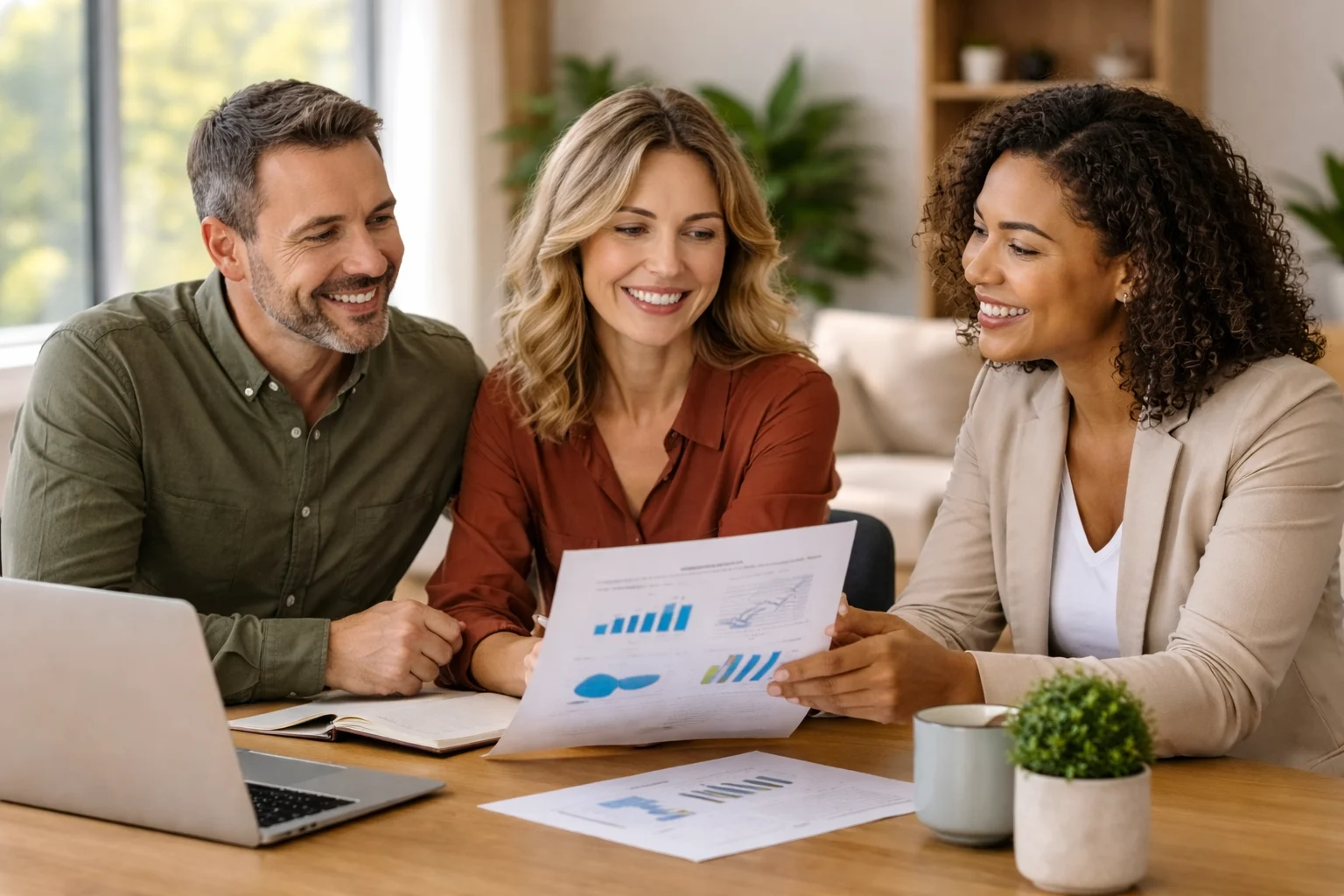 A real estate agent meets with a couple at a kitchen table reviewing housing market data and documents, representing a trusted home buying and selling consultation in Raleigh, Durham, Chapel Hill, Cary, and surrounding North Carolina communities.