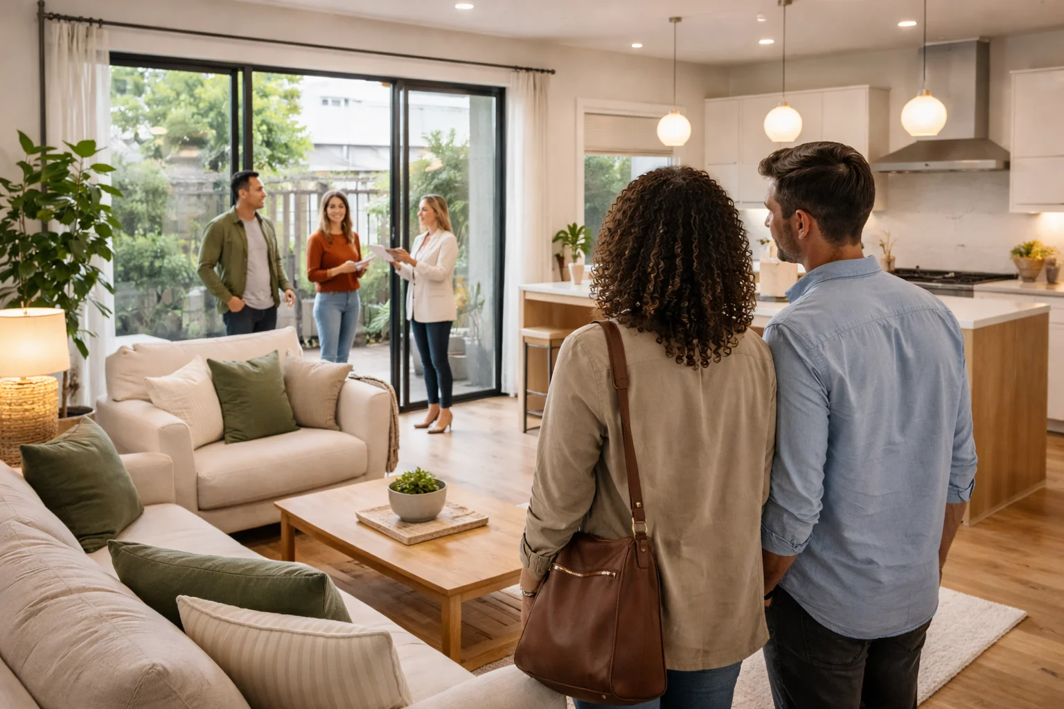 A couple tours an open house inside a modern entry-level townhome with an open-concept living area, natural light, and contemporary finishes, reflecting buyer interest in new construction housing options in Raleigh, Durham, Chapel Hill, and surrounding North Carolina communities.