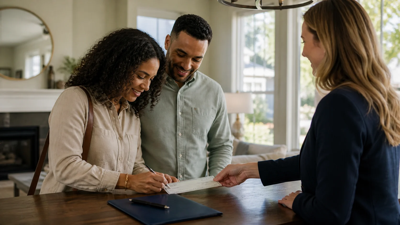 A couple writing a due diligence check to a seller with a real estate agent in a Raleigh North Carolina home, illustrating how the NC due diligence fee works for buyers in the Triangle real estate market including Durham and Chapel Hill.