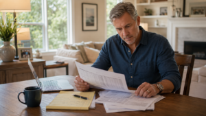 A long-term Triangle homeowner reviews home sale documents and a tax spreadsheet at his dining table in Raleigh, NC, carefully calculating his capital gains exposure before listing his home.