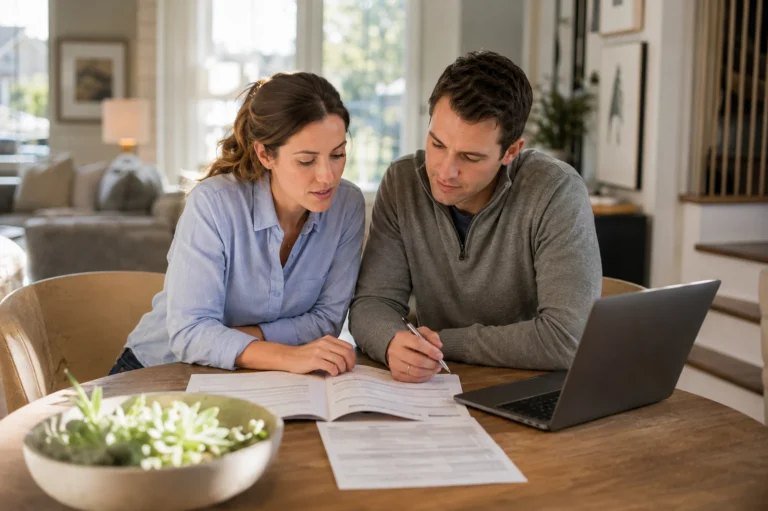 A couple reviews closing cost documents at their dining table in a Raleigh, NC home, representing Triangle buyers navigating NC closing costs and Loan Estimate paperwork in 2026.