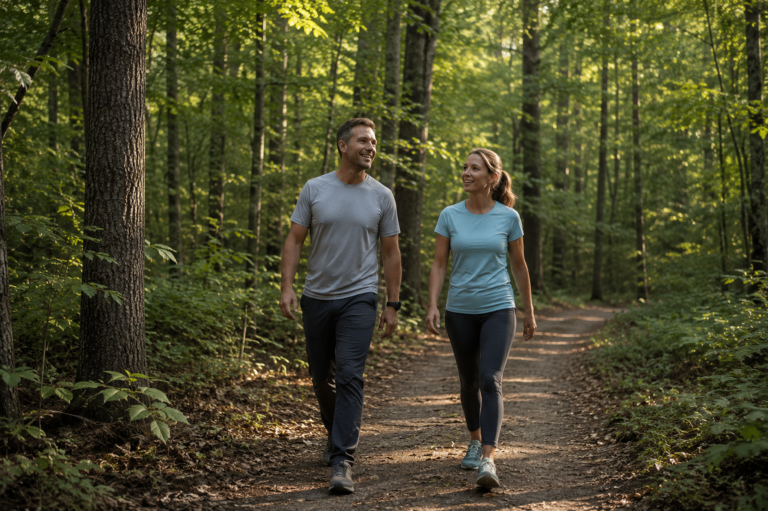 Couple hiking a forested trail at William B. Umstead State Park near Raleigh NC on a clear morning