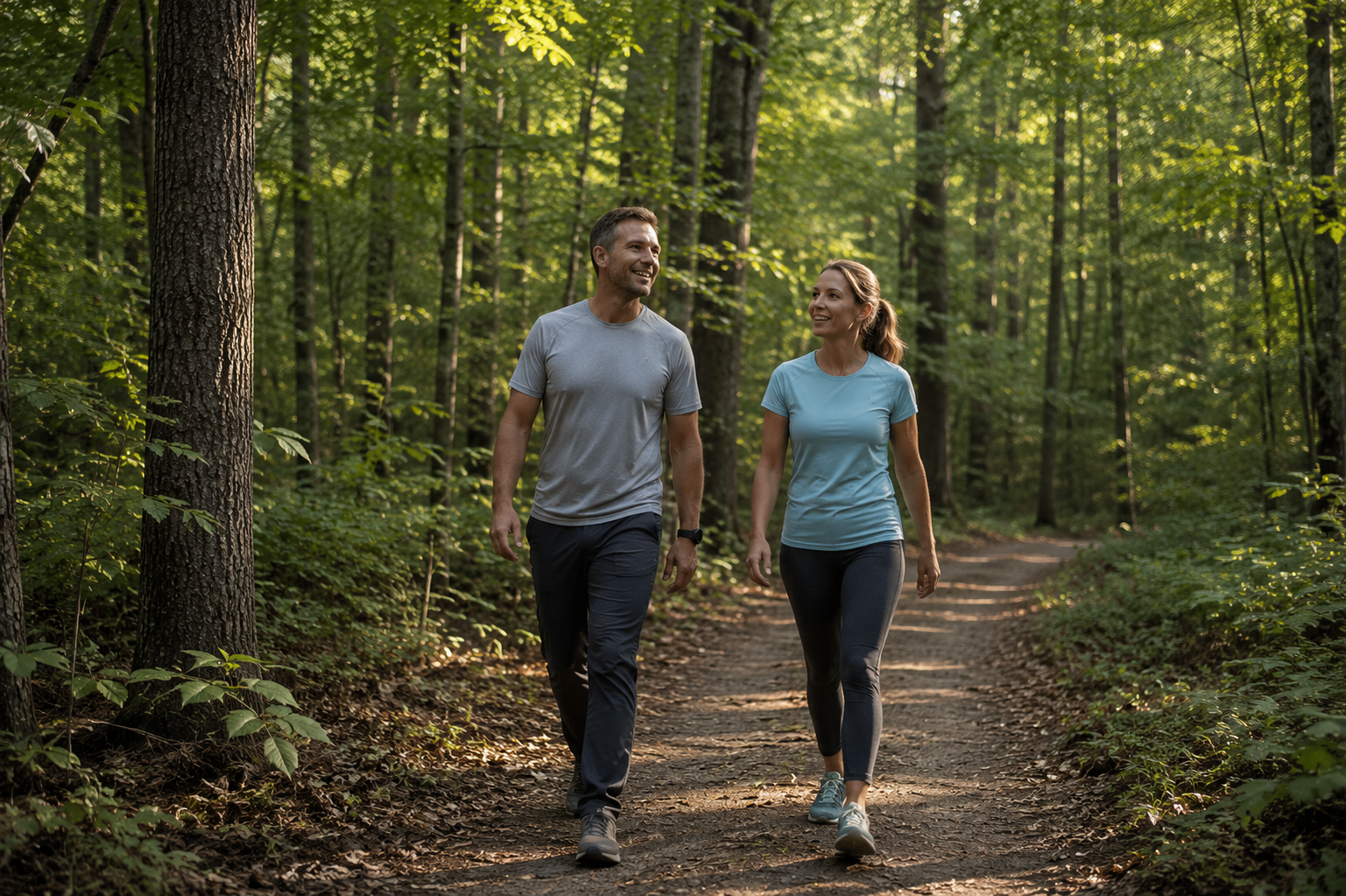 Couple hiking a forested trail at William B. Umstead State Park near Raleigh NC on a clear morning