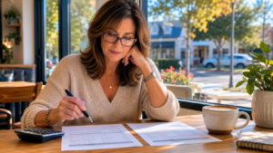 A Raleigh homeowner sits a local coffee shop with a hot latte reviewing printed net proceeds comparisons between FSBO and agent-assisted home sale options, with natural afternoon light and a calculator nearby and the local community in the background.