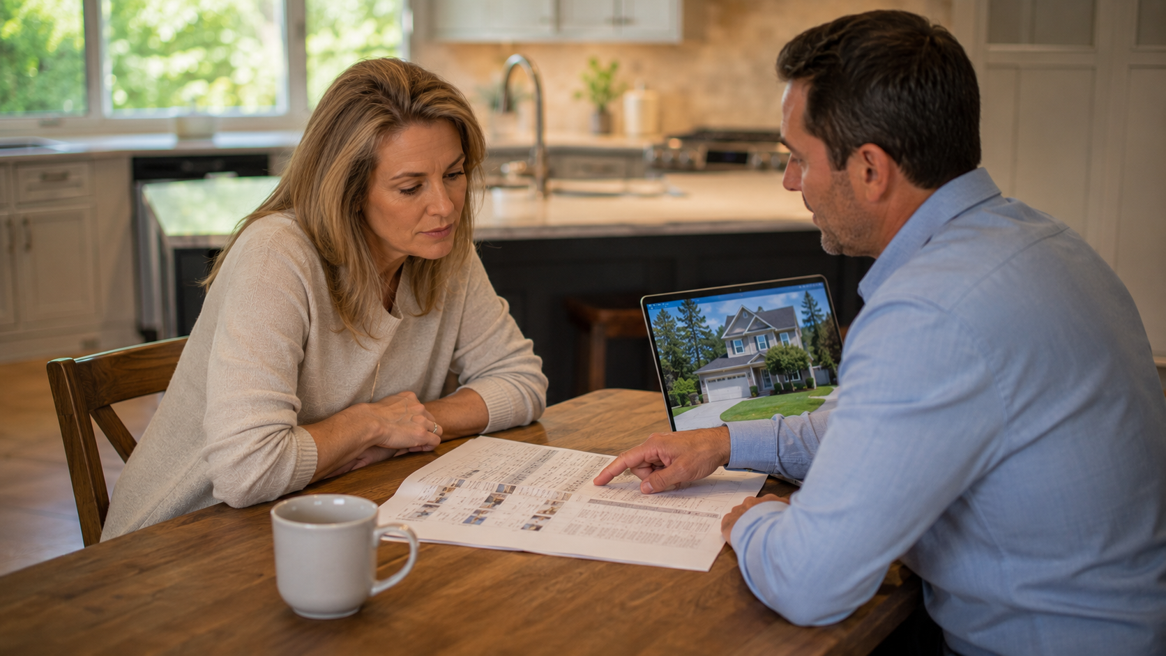 A Raleigh homeowner reviews a Comparative Market Analysis printout with her real estate agent at a dining table in a North Raleigh home, with natural light and a laptop showing a home listing nearby