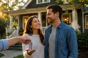 First-time home buyers receiving house keys at a Raleigh NC craftsman home with down payment assistance