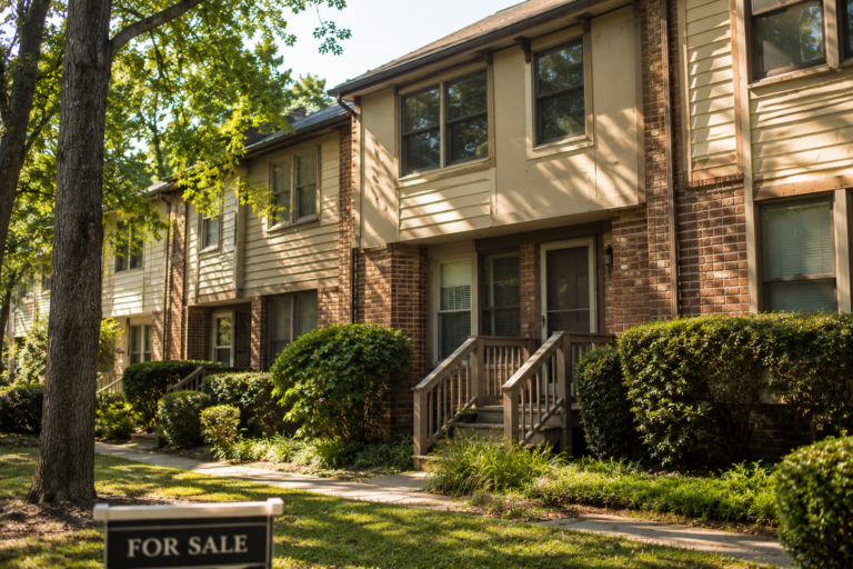 1980s-era Raleigh, North Carolina townhome with a For Sale sign in the foreground, representing the sale of an investment property or rental home in the Triangle real estate market.