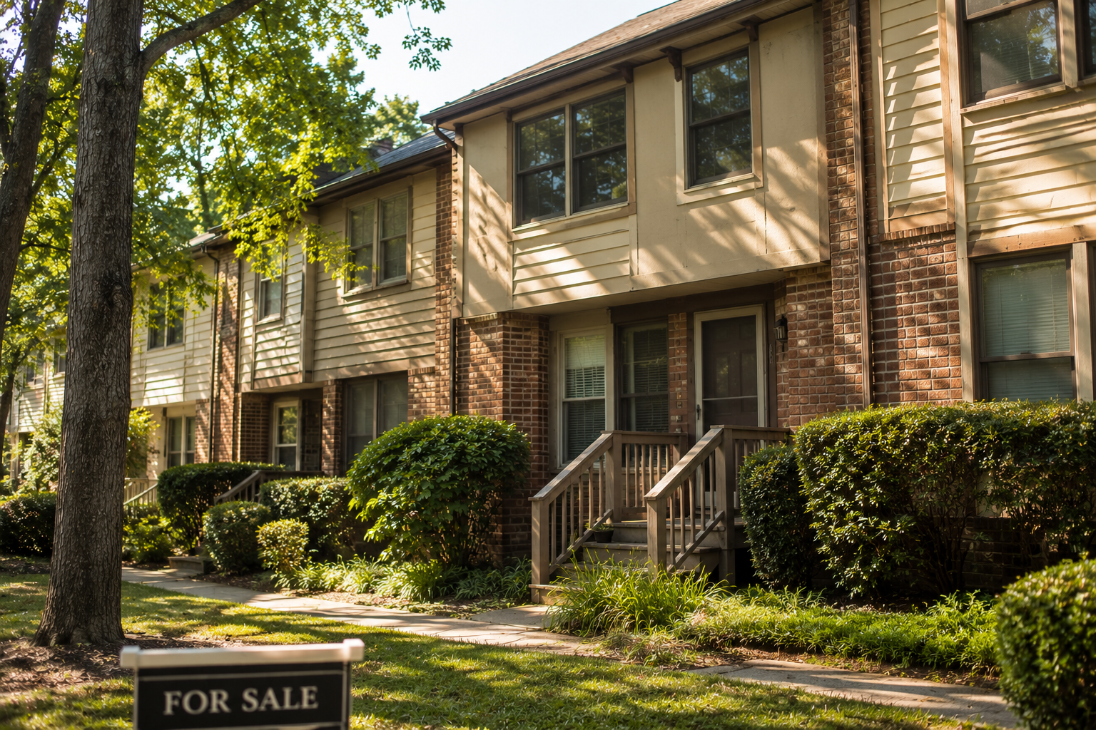 1980s-era Raleigh, North Carolina townhome with a For Sale sign in the foreground, representing the sale of an investment property or rental home in the Triangle real estate market.