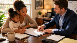 Home buyer and real estate agent reviewing and signing a buyer agency agreement in Raleigh NC — 2024 NAR settlement rule change buyer representation