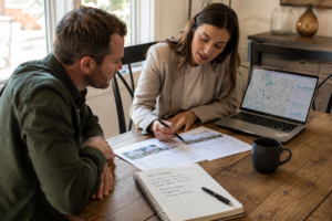 Home buyer and real estate agent reviewing comparable sales data and offer strategy for a home purchase in Raleigh NC