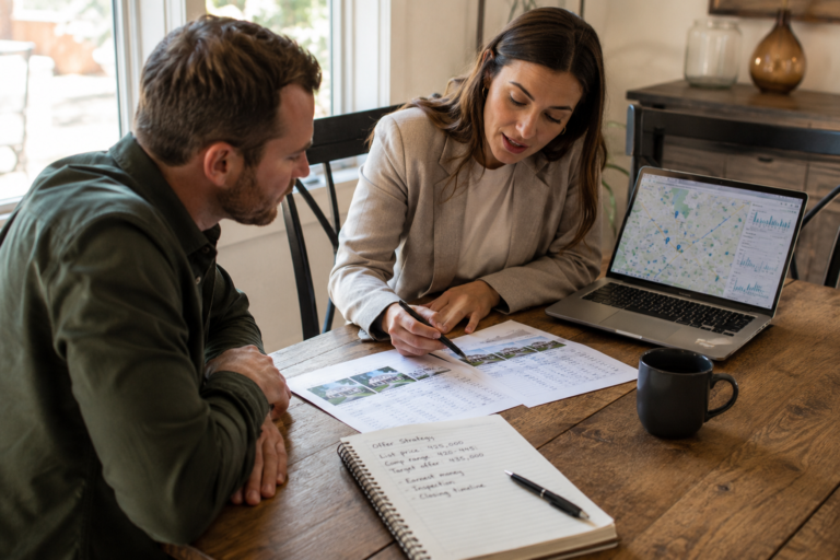 Home buyer and real estate agent reviewing comparable sales data and offer strategy for a home purchase in Raleigh NC