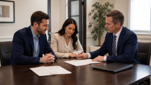 Home buyers reviewing closing documents with a North Carolina real estate attorney in Raleigh, NC attorney closing state timeline