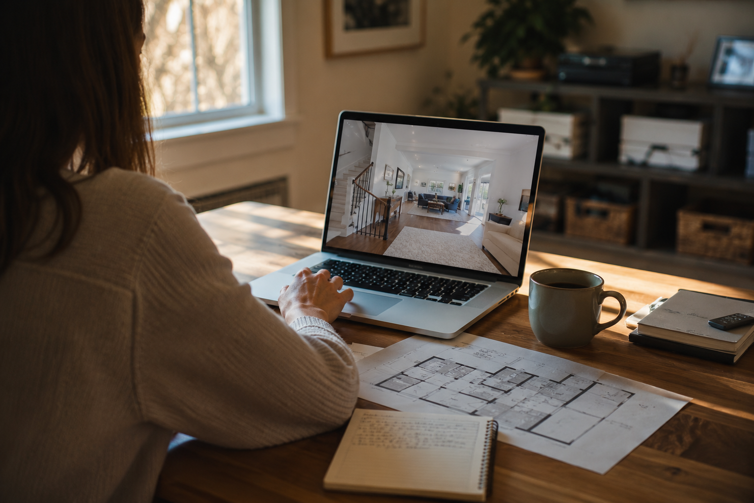 Prospective homebuyer reviews a virtual 3D home tour and floor plan from a home office while researching homes in the Raleigh-Durham-Chapel Hill Triangle real estate market.