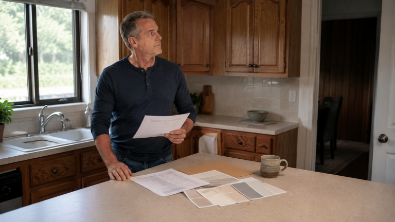A Raleigh homeowner reviews a pre-sale repair checklist in his kitchen, holding paint swatches and a contractor estimate as he prepares to list his home for sale
