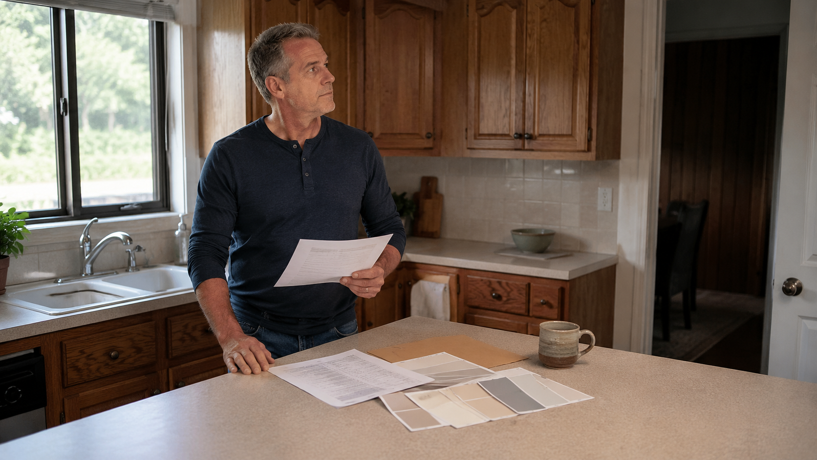 A Raleigh homeowner reviews a pre-sale repair checklist in his kitchen, holding paint swatches and a contractor estimate as he prepares to list his home for sale