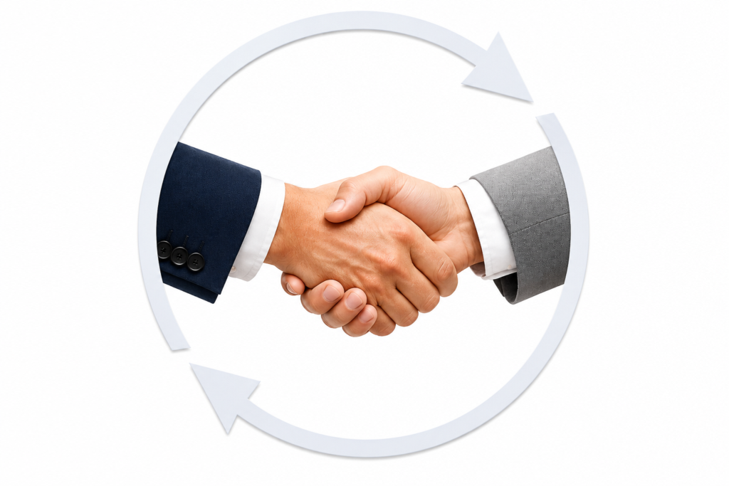 Professional handshake surrounded by circular arrows representing repeat and referral business for a trusted Raleigh, NC real estate agent serving buyers and sellers throughout the Triangle region.