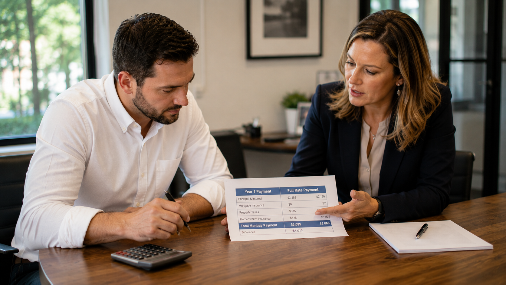 A Raleigh home buyer reviews a mortgage rate buydown payment breakdown with his loan officer at a closing table, natural light illuminating the document and calculator on the table.