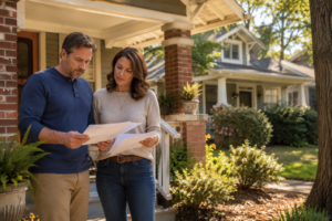 Two adult siblings reviewing paperwork on the porch of an inherited Raleigh craftsman home