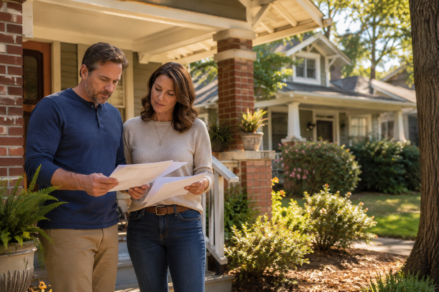 Two adult siblings reviewing paperwork on the porch of an inherited Raleigh craftsman home