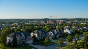 An aerial view of a Raleigh NC suburban neighborhood showing tree-lined streets, single-family homes, and a commercial development in the distance on a clear June morning