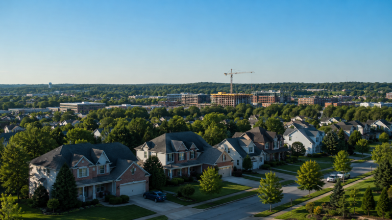 An aerial view of a Raleigh NC suburban neighborhood showing tree-lined streets, single-family homes, and a commercial development in the distance on a clear June morning