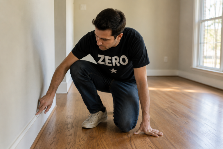A home buyer crouches near the baseboard of an empty room in Raleigh NC, carefully inspecting the floor during a final walkthrough before closing