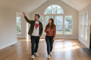 A first-time buyer couple actively walking through an empty sunlit living room during a home tour in Raleigh NC, one pointing at the ceiling and the other checking the listing on their phone